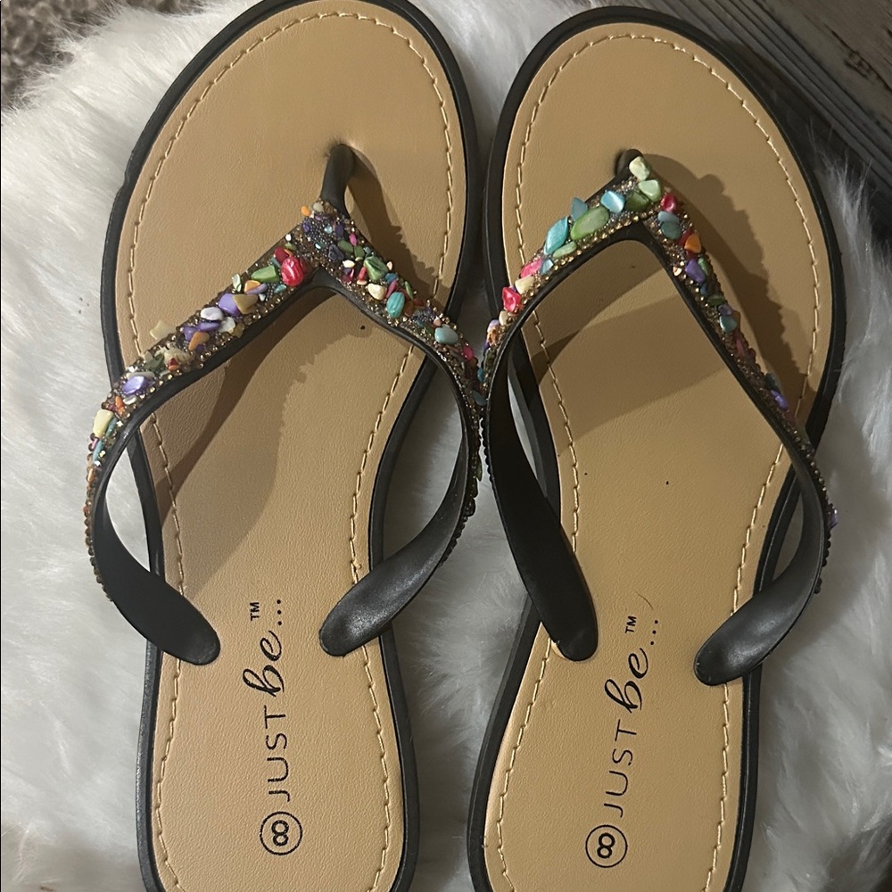 Just Be Women's Black Sandals with Colorful Accents